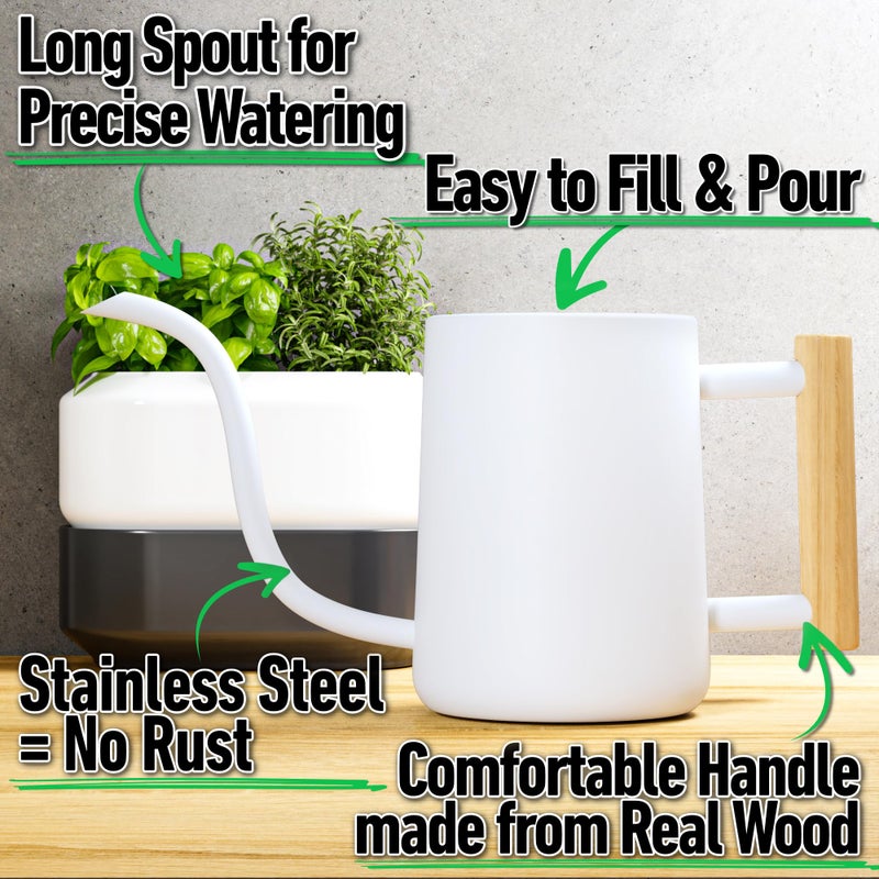 HB Design Co. 35 oz Metal Small Indoor Watering Can with Long Spout & Real Wood Handle for House Plants, Succulents, Cacti & Seedlings - White Long Spout Watering Can Indoor Plants - Stylish, Gentle Flow, No Spills - Image 2